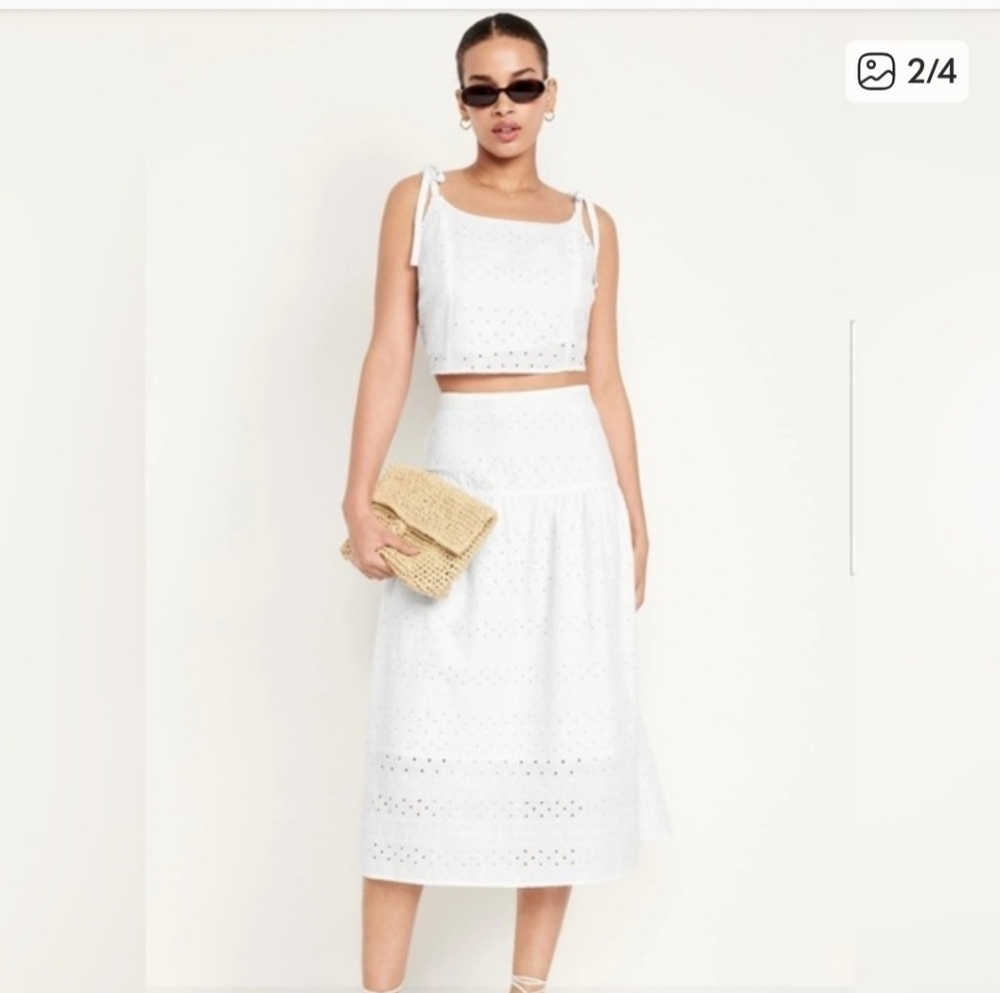 Old Navy White Eyelet Set - Drop Waist Midi Skirt and Tie Top XL